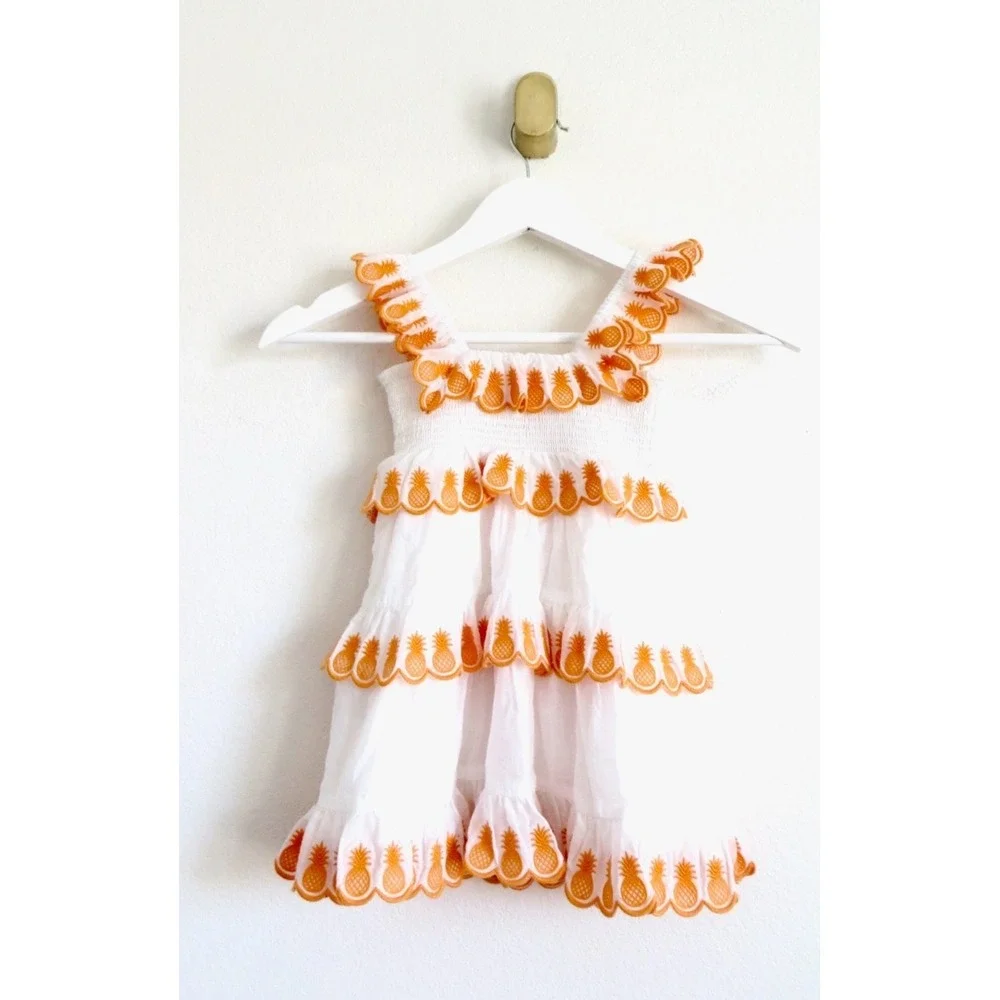 NEW! Zimmermann Tropicana Scallop Embroidered Pineapple Tiered Dress Orange 2T